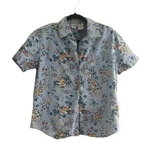 Vintage Flower Blue Yellows Button Down Shoulder Pads Blouse-Petite Medium